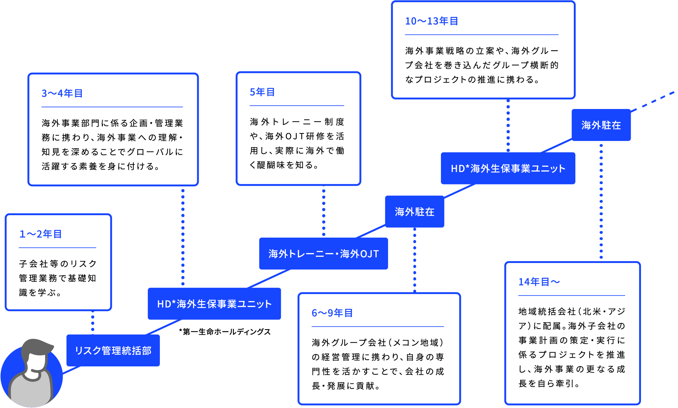リスク管理統括部 １～2年目 子会社等のリスク管理業務で基礎知識を学ぶ。HD*海外生保事業ユニット 3〜4年目 海外事業部門に係る企画・管理業務に携わり、海外事業への理解・知見を深めることでグローバルに活躍する素養を身に付ける。 *第一生命ホールディングス 海外トレーニー・海外OJT 5年目 海外トレーニー制度や、海外OJT研修を活用し、実際に海外で働く醍醐味を知る。 海外駐在 6〜9年目 海外グループ会社（メコン地域）の経営管理に携わり、自身の専門性を活かすことで、会社の成長・発展に貢献。 HD*海外生保事業ユニット 10〜13年目 海外事業戦略の立案や、海外グループ会社を巻き込んだグループ横断的なプロジェクトの推進に携わる。 海外駐在 14年目～ 地域統括会社（北米・アジア）に配属。海外子会社の事業計画の策定・実行に係るプロジェクトを推進し、海外事業の更なる成長を自ら牽引。