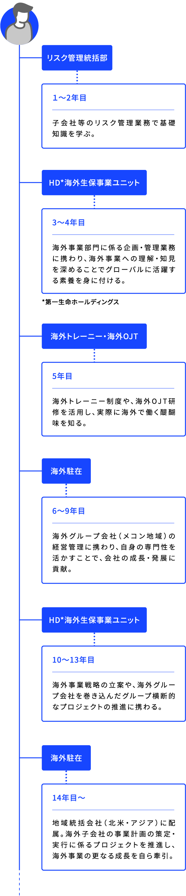 リスク管理統括部 １～2年目 子会社等のリスク管理業務で基礎知識を学ぶ。HD*海外生保事業ユニット 3〜4年目 海外事業部門に係る企画・管理業務に携わり、海外事業への理解・知見を深めることでグローバルに活躍する素養を身に付ける。 *第一生命ホールディングス 海外トレーニー・海外OJT 5年目 海外トレーニー制度や、海外OJT研修を活用し、実際に海外で働く醍醐味を知る。 海外駐在 6〜9年目 海外グループ会社（メコン地域）の経営管理に携わり、自身の専門性を活かすことで、会社の成長・発展に貢献。 HD*海外生保事業ユニット 10〜13年目 海外事業戦略の立案や、海外グループ会社を巻き込んだグループ横断的なプロジェクトの推進に携わる。 海外駐在 14年目～ 地域統括会社（北米・アジア）に配属。海外子会社の事業計画の策定・実行に係るプロジェクトを推進し、海外事業の更なる成長を自ら牽引。