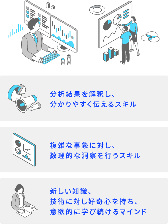 分析結果を解釈し、分かりやすく伝えるスキル 複雑な事象に対し、数理的な洞察を行うスキル 新しい知識、技術に対し好奇心を持ち、意欲的に学び続けるマインド